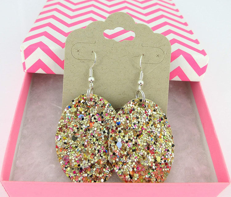 Gold and Rainbow Glitter Faux Leather Oval Dangle Earrings