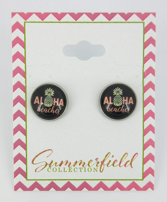 Stainless Steel Aloha Beaches Pineapple Print Glass Stud Earrings 12mm