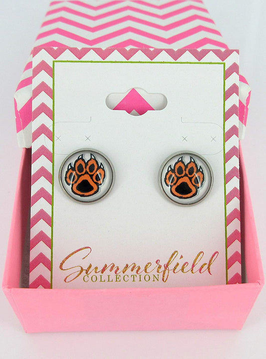 Stainless Steel Orange and Black Paw Print Pink Glass Stud Earrings 12mm