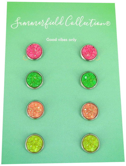 Stainless Steel Neon Pink Orange Yellow Green Faux Glitter Druzy Stone 8mm Stud Earrings Set