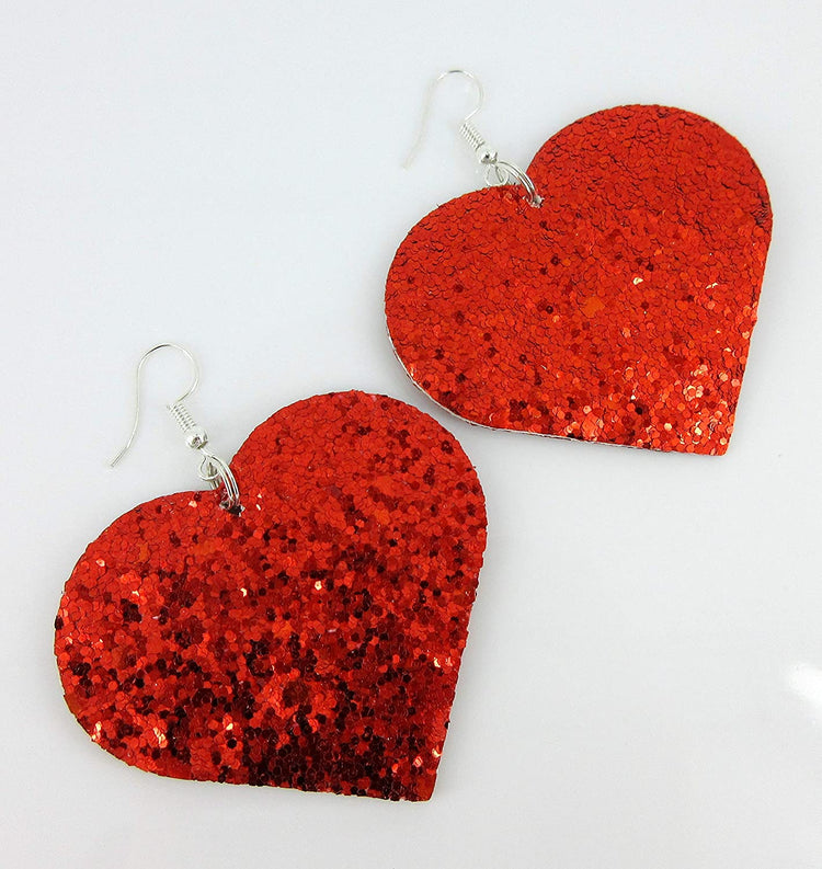 Red Glitter Faux Leather Large Heart Dangle Earrings