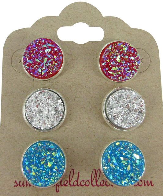 Trio Silver-tone Stud Earrings Faux Druzy Stone Red Dark Pink Blue Set 12mm