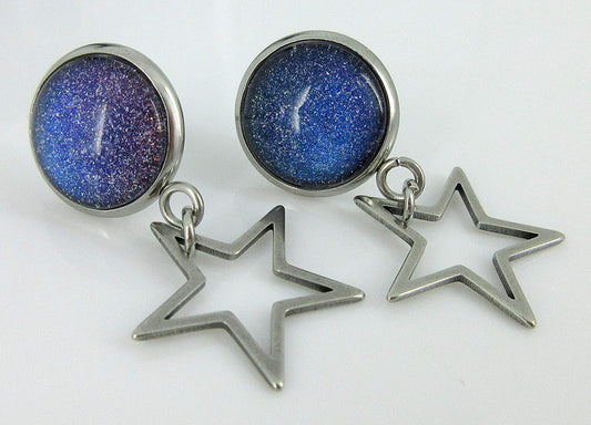 Stainless Steel Blue Galaxy Glitter Glass Stud and Star Drop Earrings