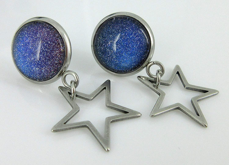 Stainless Steel Blue Galaxy Glitter Glass Stud and Star Drop Earrings