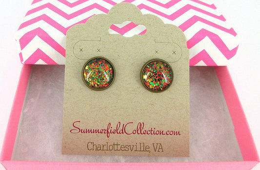 Antiqued Gold-tone Christmas Mix Glitter Glass Stud Earrings Hand-painted 12mm