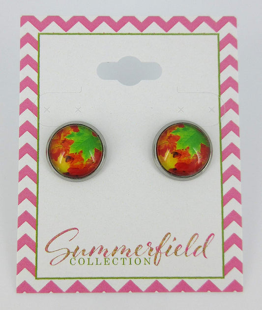 Stainless Steel Fall Leaves Green Orange Yellow Print Glass Stud Earrings 12mm