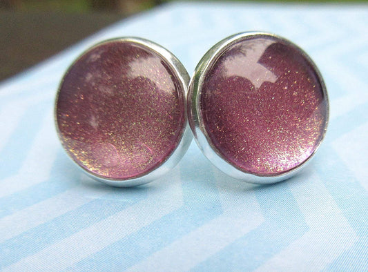 Silver-tone Metallic Mauve Glitter Glass Stud Earrings Hand-painted 12mm