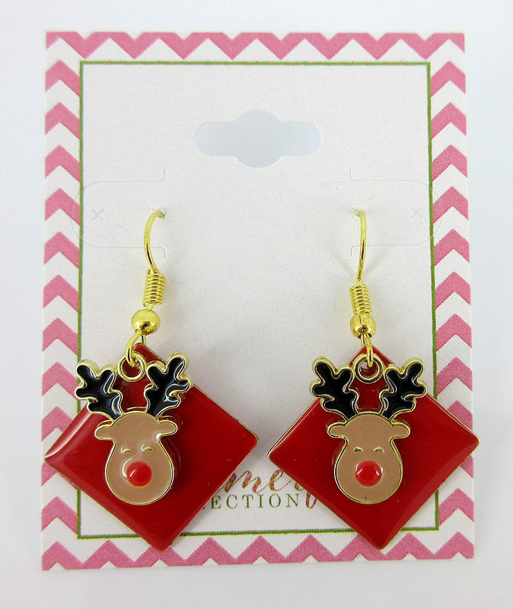 Gold-tone Red Enamel Reindeer Charm Dangle Earrings