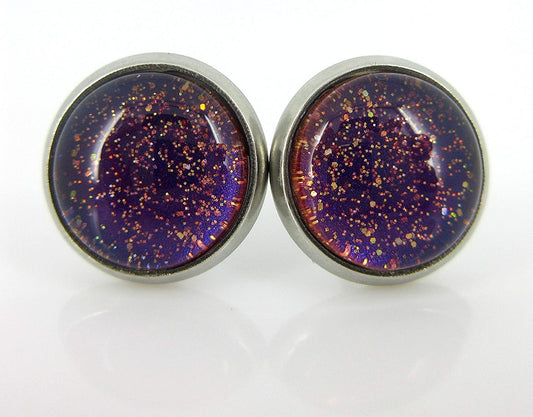 Stainless Steel Blue Red Purple and Gold Glitter Glass Stud Earrings Hand-painted 10mm