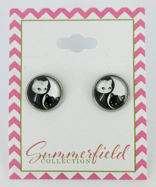Stainless Steel Black and White Cat Face Yin Yang Print Glass Stud Earrings 12mm