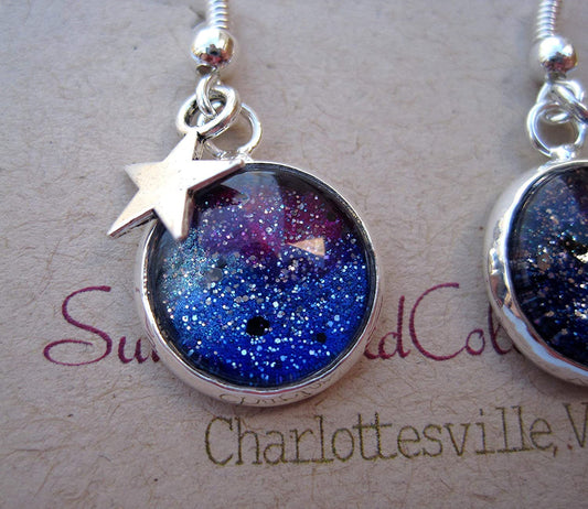 Silver-tone Glitter Glass Star Charm Galaxy Dangle Earrings Blue Purple Teal Hand-painted