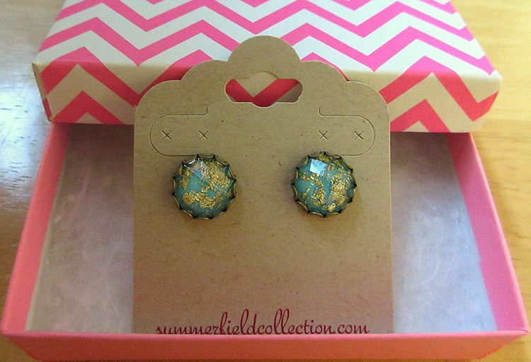 Antiqued Gold-tone Aqua Blue Faceted Resin Leaf Foil Stud Earrings 12mm