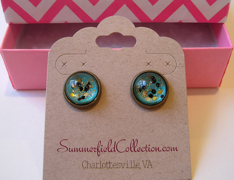 Antiqued Gold-tone Mint Green and Black Glitter Glass Stud Earrings Hand-painted 12mm