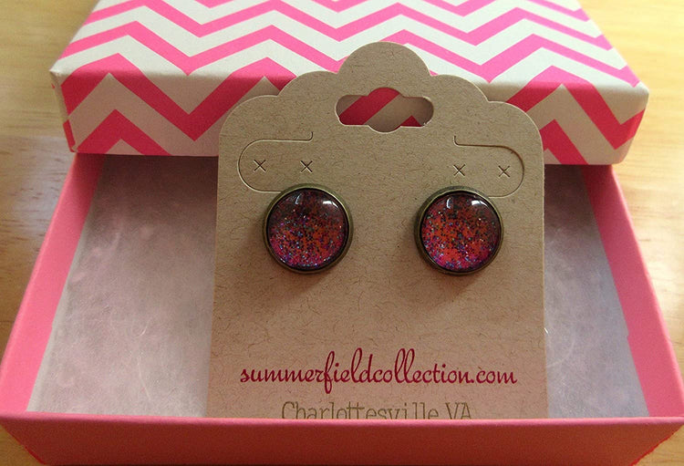 Antiqued Gold-tone Hot Pink and Blue Glitter Glass Stud Earrings Hand-painted 12mm