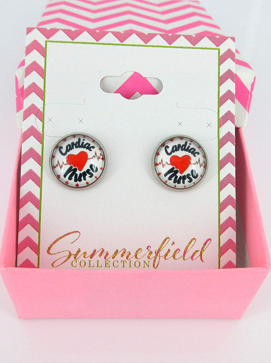 Stainless Steel Cardiac Nurse Print Glass Stud Earrings 12mm White Black Red