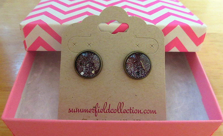 Antiqued Gold-tone Black Hole Glitter Glass Galaxy Stud Earrings Hand-painted 12mm