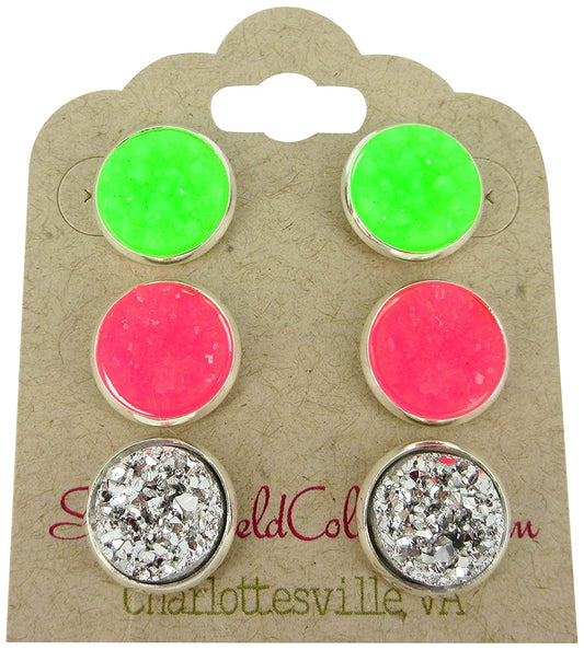 Trio Silver-tone Neon Green Pink Faux Druzy Stone Stud Earrings 12mm Set