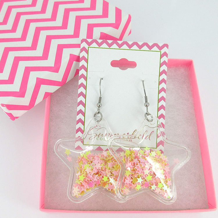 Confetti Glitter Shaker Large Star Dangle Earrings Stainless Steel (Pink/Yellow)