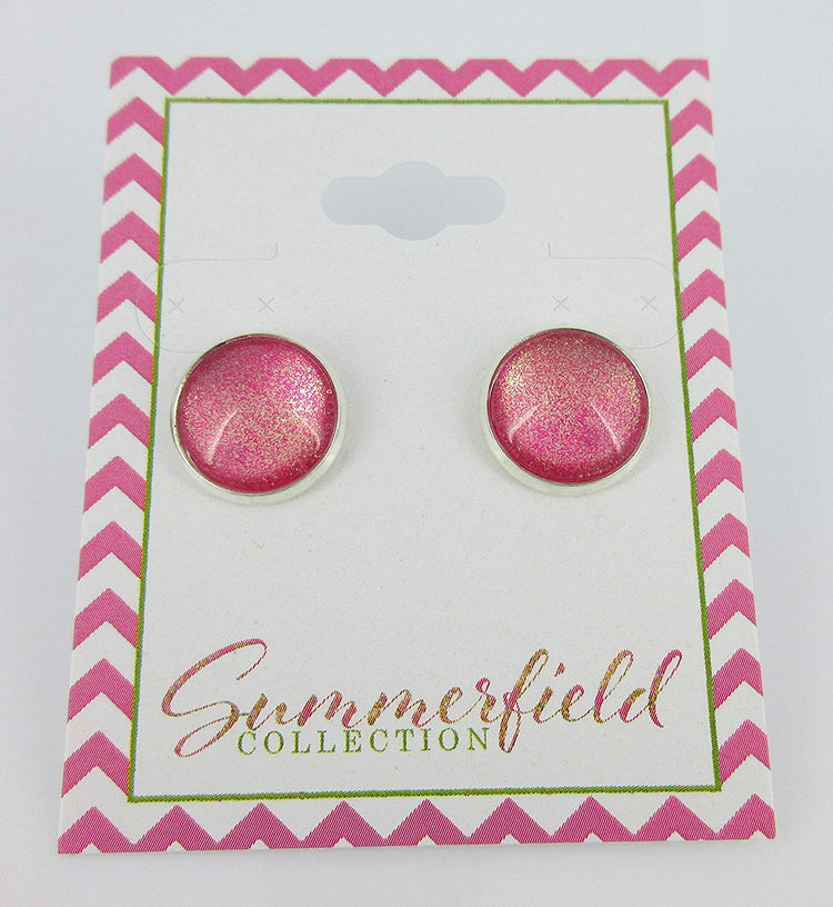 Silver-tone Pink and Gold Shimmer Glitter Glass Stud Earrings Hand-painted 12mm