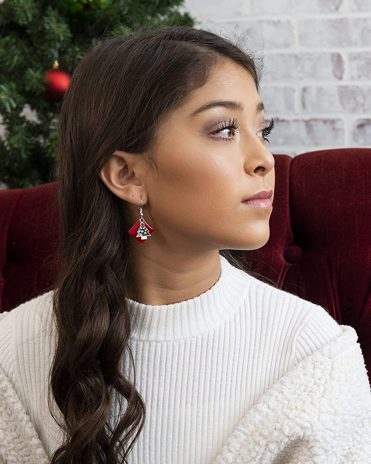 Silver-tone Red Enamel Christmas Tree Charm Dangle Earrings