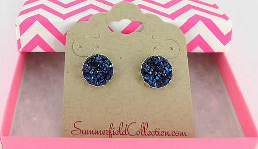 Silver-tone Faux Druzy Stone Stud Earrings 12mm