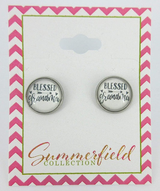 Stainless Steel Blessed Grandma Print Glass Stud Earrings 12mm