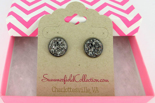 Hematite-tone Gunmetal Gray Faux Druzy Stone Stud Earrings 12mm