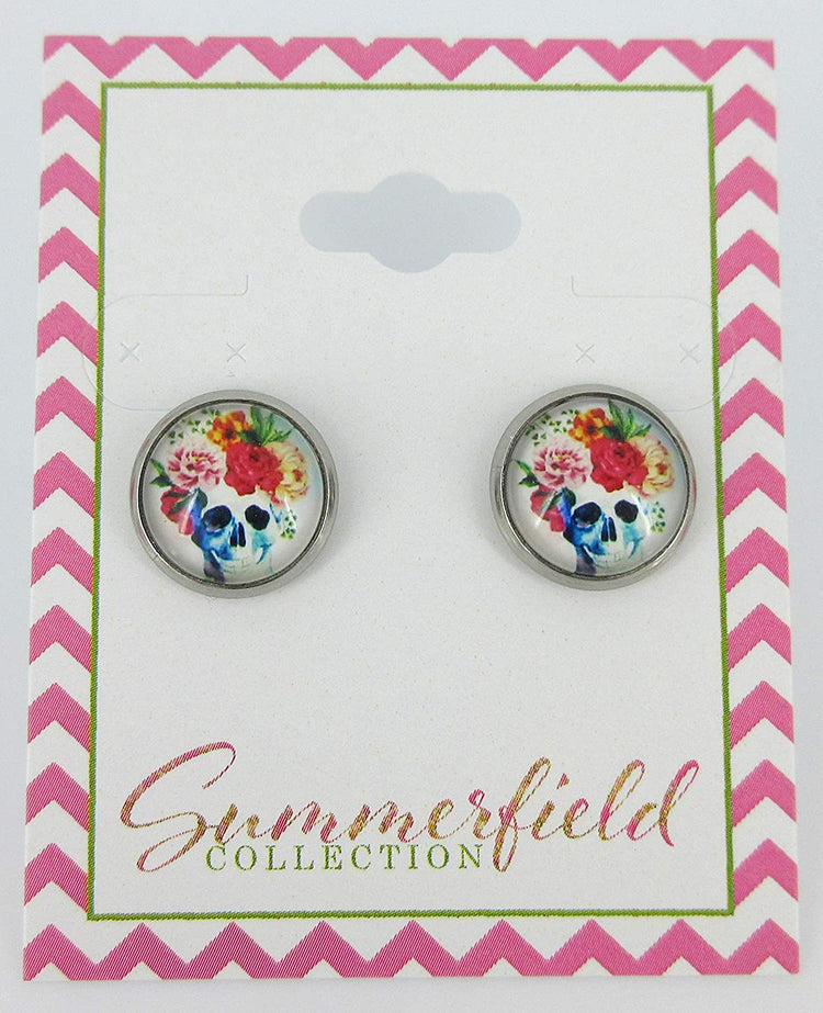 Stainless Steel Watercolor Skull with Flowers Printed Glass Stud Earrings 12mm