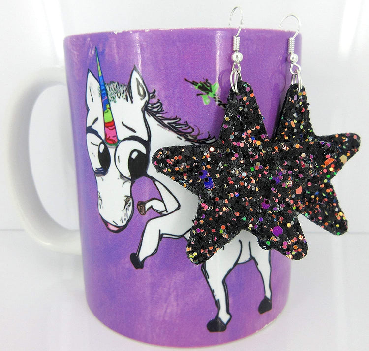 Black and Rainbow Glitter Faux Leather Large Star Dangle Earrings