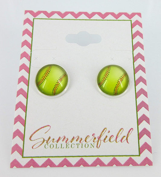 Silver-tone Softball Print Glass Stud Earrings 12mm