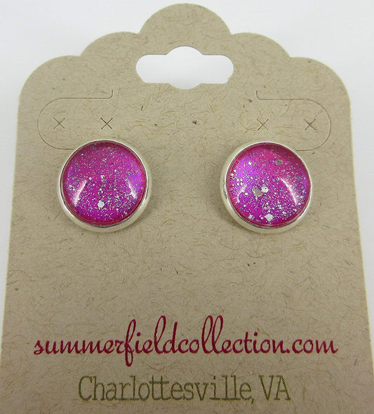 Silver-tone Magenta Pink Twinkle Glitter Glass Galaxy Stud Earrings Hand-painted 12mm