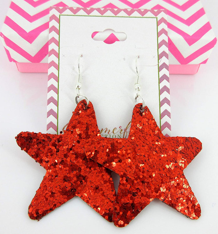 Red Glitter Faux Leather Large Star Dangle Earrings