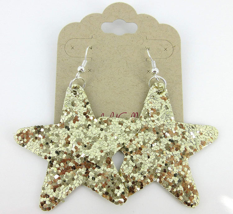 Gold Glitter Faux Leather Large Star Dangle Earrings