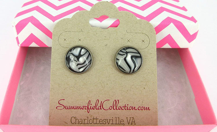 Hematite-tone Black and White Zebra Print Stud Earrings 12mm