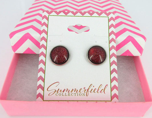 Stainless Steel Red with Gold Glitter Glass Stud Earrings Hand-painted 12mm