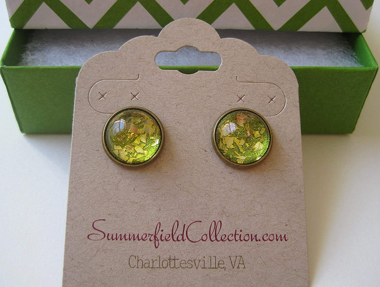 Antiqued Gold-tone Green Glitter Glass Stud Earrings Hand-painted 12mm