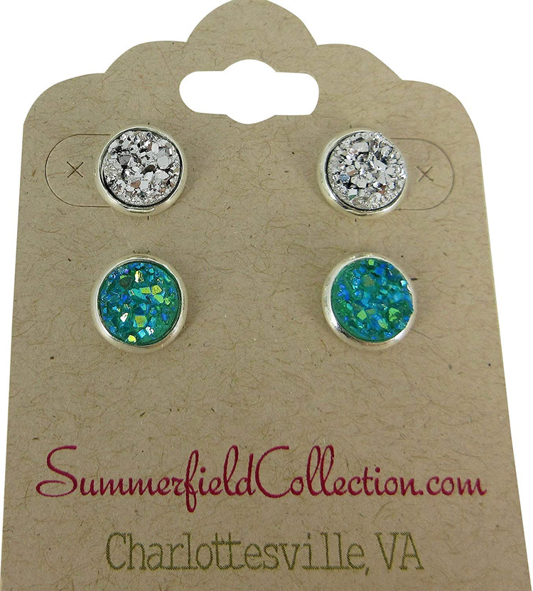 Duo Silver-tone Faux Druzy Stone Stud Earrings 8mm Set (Aqua Blue/Deep Pink AB)