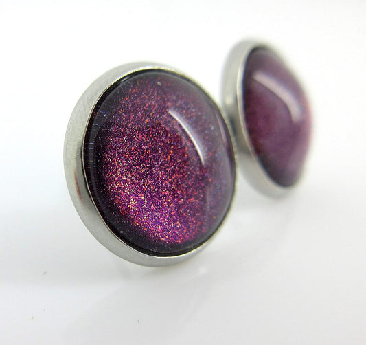 Stainless Steel Purple and Red Glitter Glass Stud Earrings Hand-painted 12mm