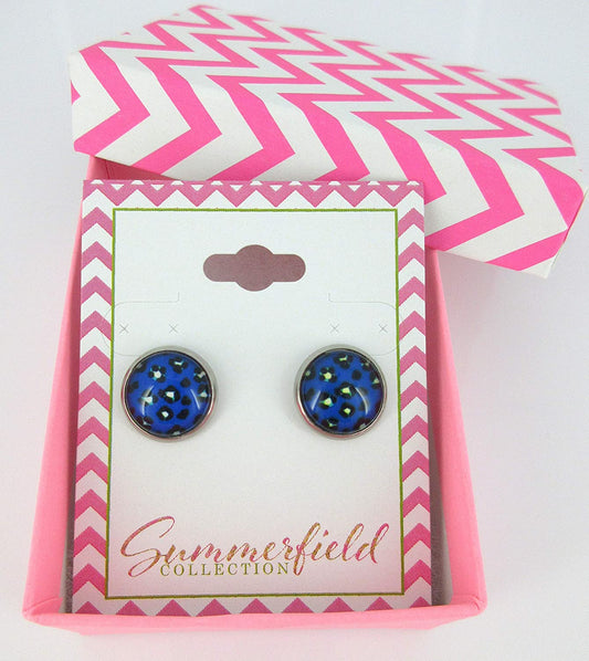 Stainless Steel Royal Blue Animal Print Glass Stud Earrings 12mm