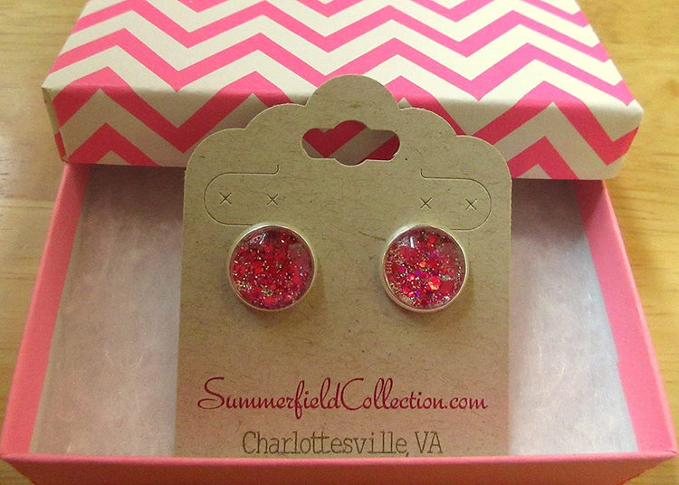 Silver-tone Hot Pink and Pearly White Glitter Glass Stud Earrings Hand-painted 12mm