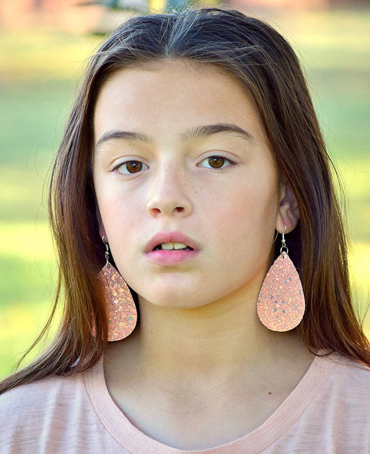 Pink Glitter Faux Leather Large Teardrop Dangle Earrings
