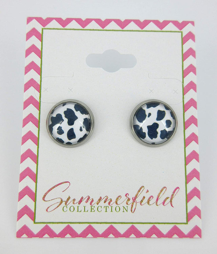 Stainless Steel Black Cow Animal Print Glass Stud Earrings 12mm