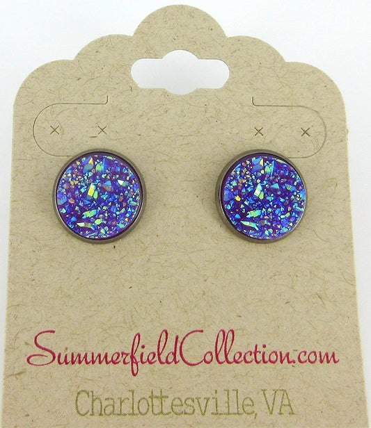 Hematite-tone Purple Faux Druzy Stone Stud Earrings 12mm