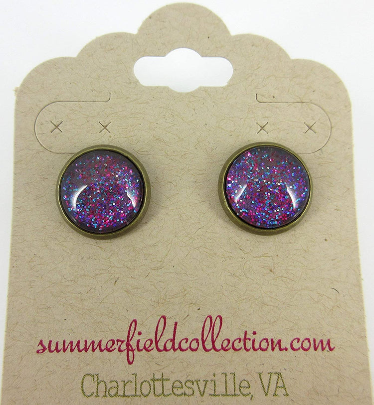 Antiqued Gold-tone Blue Purple Pink Glitter Glass Stud Earrings Hand-painted