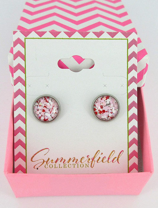 Stainless Steel Pink White Red Glitter Glass Stud Earrings Hand-painted 10mm