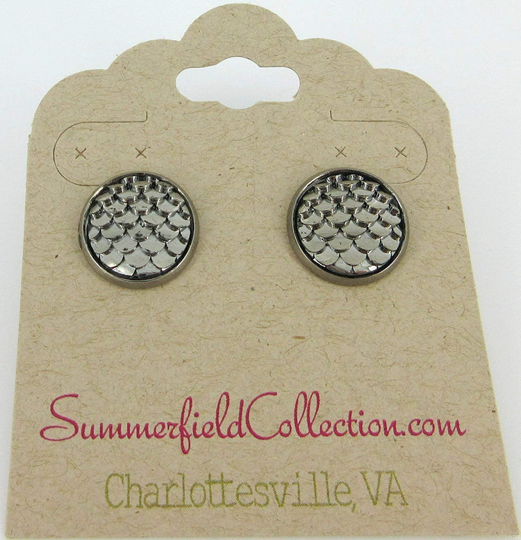 Hematite-tone Metallic Dragon Scale Stud Earrings 12mm Gunmetal Gray Mermaid