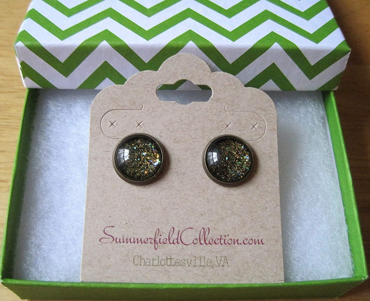 Antiqued Gold-tone Black Glitter Glass Galaxy Stud Earrings 12mm Hand-painted