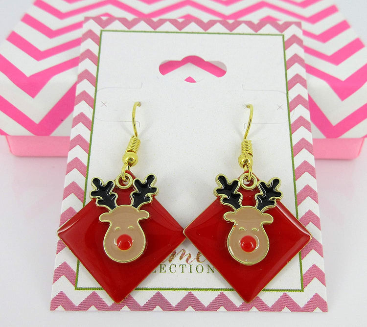 Gold-tone Red Enamel Reindeer Charm Dangle Earrings
