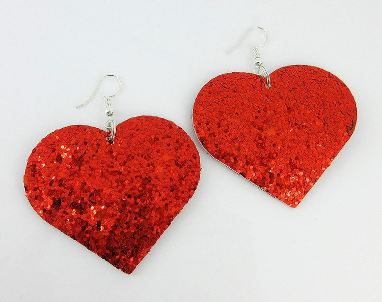 Red Glitter Faux Leather Large Heart Dangle Earrings