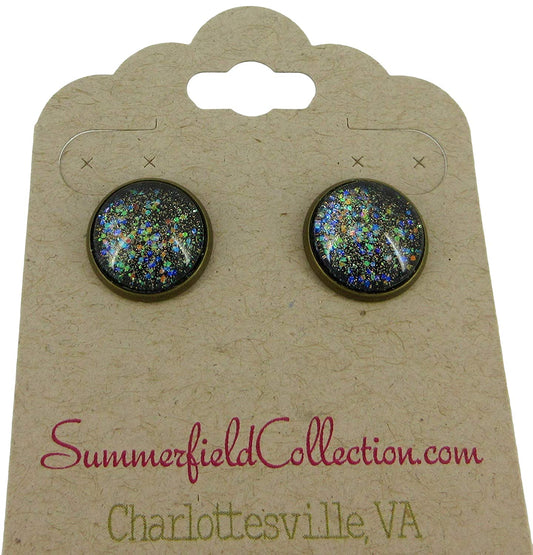 Antiqued Gold-tone Black Glitter Glass Galaxy Stud Earrings 12mm Hand-painted